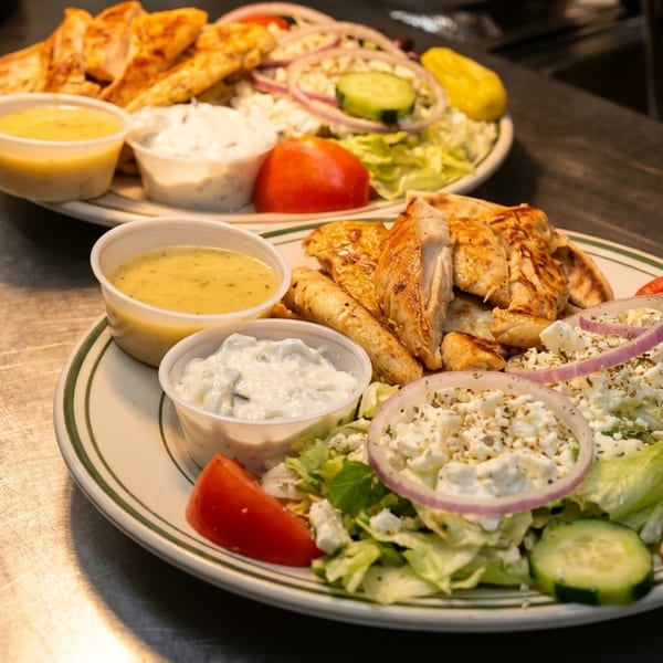 Two plates of grilled chicken, Greek salad with feta, and dipping sauces on a metal counter.